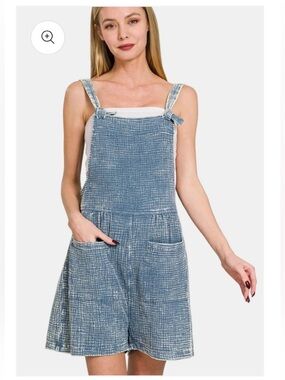 ZENANA Woven Double Gauze Acid Washed Romper / DUSTY BLUE NWT